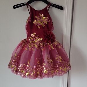 Girls Burgundy and Gold Sequin Tulle Dance Costume Dress